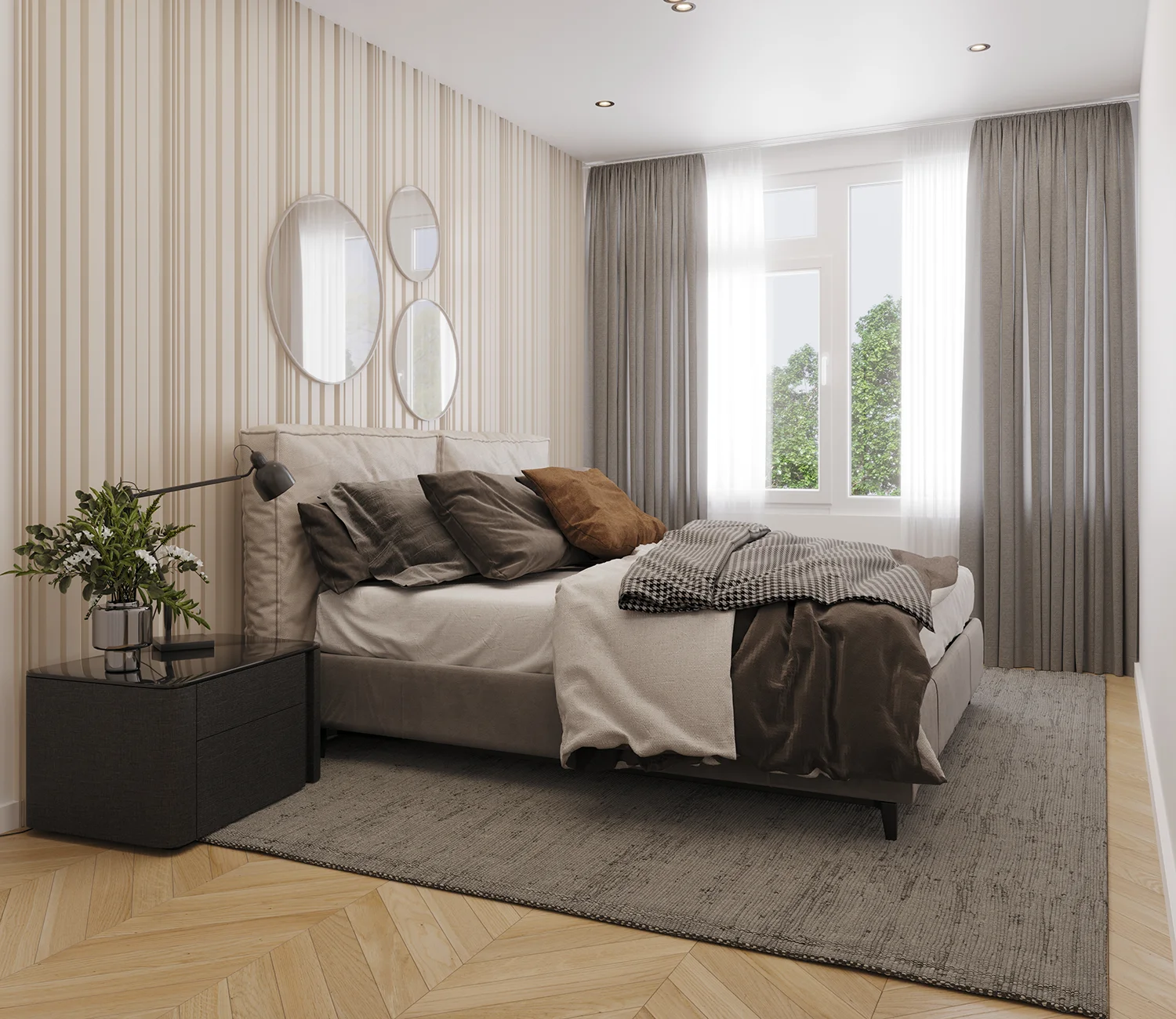 3D artist impression van een moderne slaapkamer met visgraatvloer en ovale spiegels