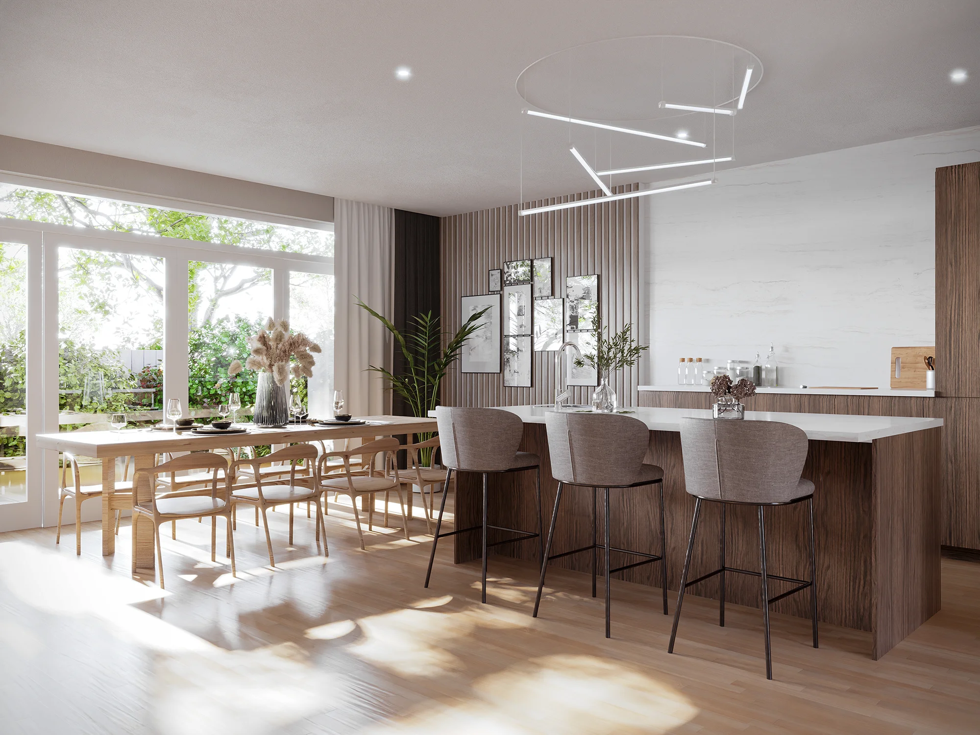 3D huis inrichten: lichte open keuken met eiland en eethoek