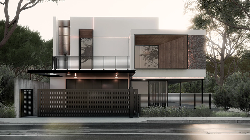 3D render woning met twee verdiepingen, houten gevelelementen en donker metalen hekwerk