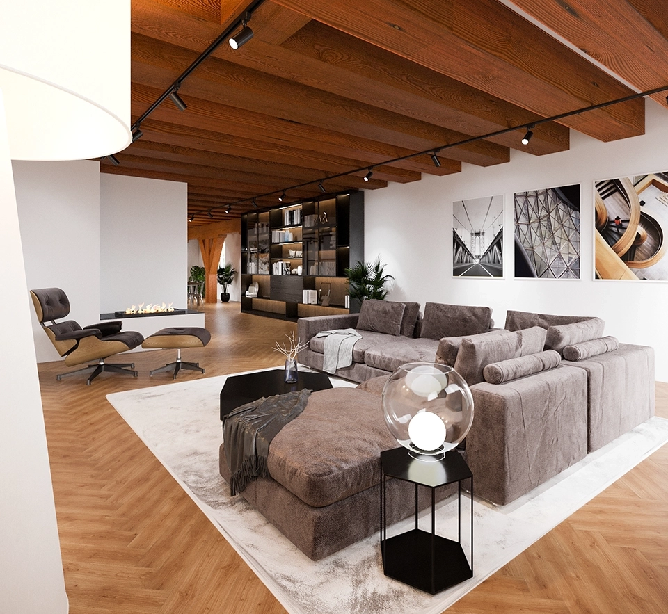Realistische rendering van een ruime woonkamer met houten balkenplafond en grijze bank
