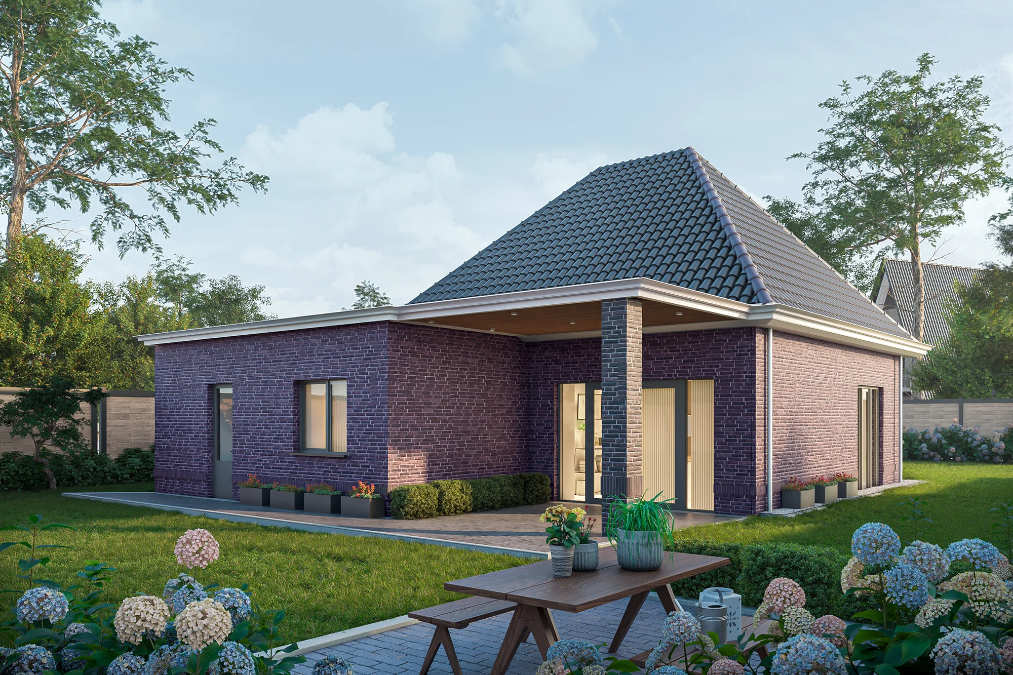 3D render van een paarse bakstenen bungalow met tuin en terrastafel