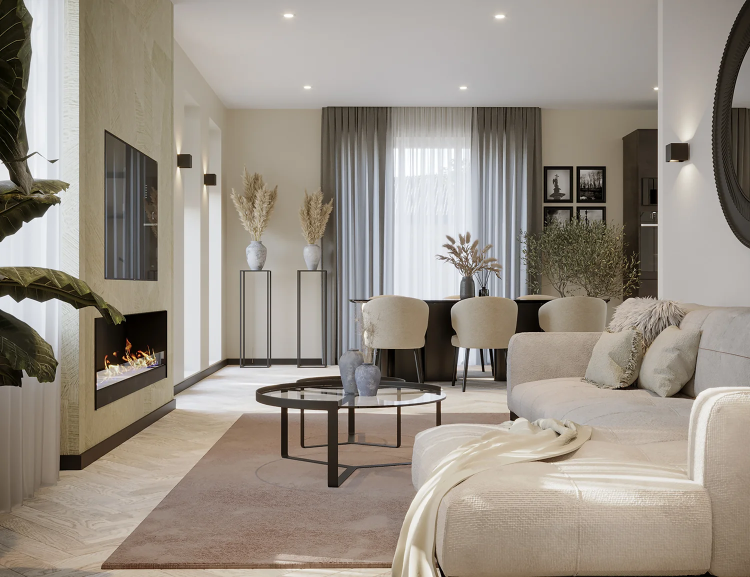 3D visualisatie van een lichte woonkamer met gashaard, ronde glazen salontafel en cremekleurige bank