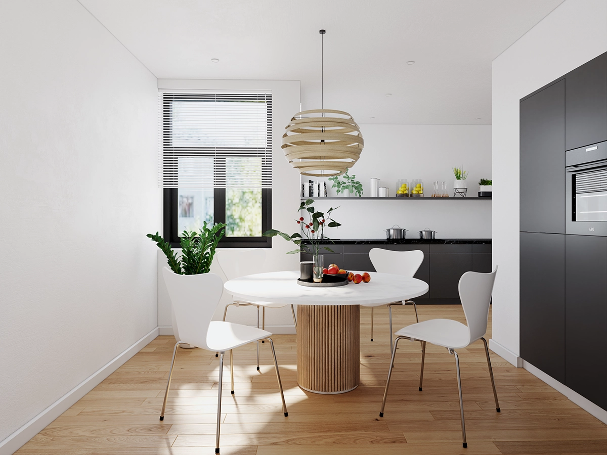 3D visualisatie van een moderne open keuken met ronde eettafel en witte stoelen