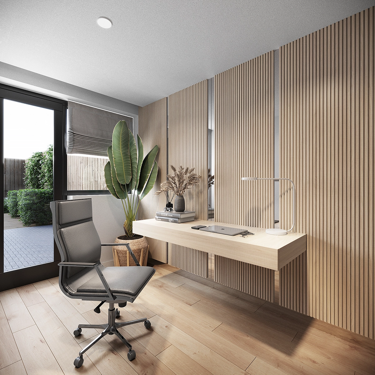 Interieur visualisatie van een minimalistisch thuiskantoor met houten lamellenwand en zwevend bureau