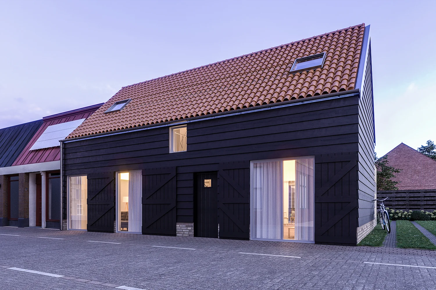 Fotorealistische 3D woning met zwarte houten gevel en terracotta pannendak in schemerlicht