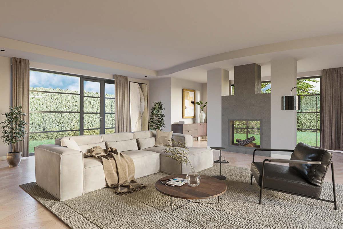 3D visualisatie van lichte woonkamer met beige hoekbank en betonnen open haard