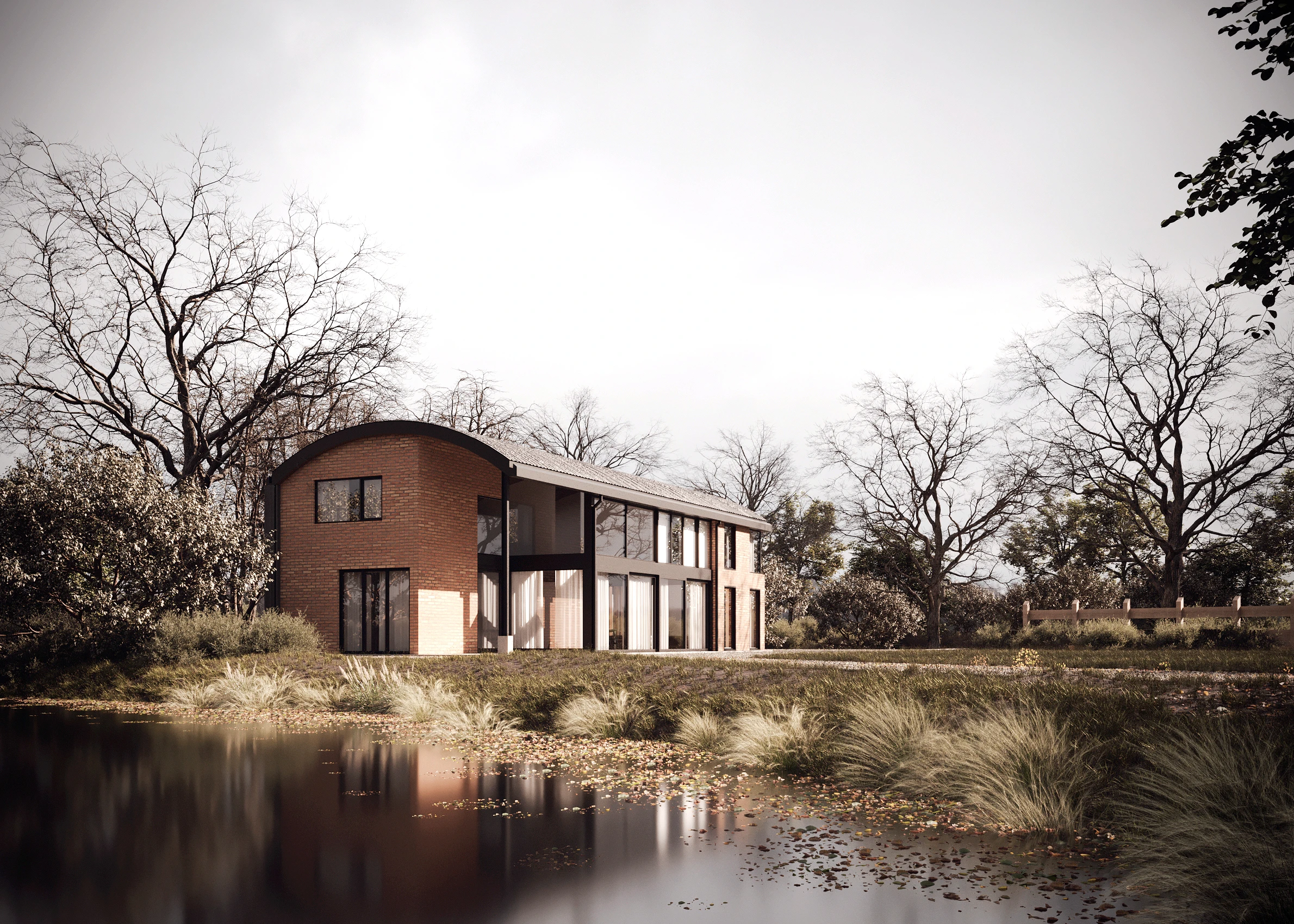 3D huis tekenen resultaat: moderne villa met ronde bakstenen toren en glazen gevel