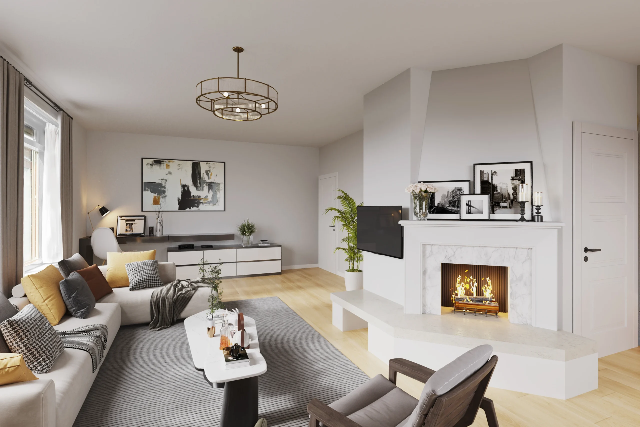 Verkoopstyling van een moderne woonkamer met open haard en gele accenten