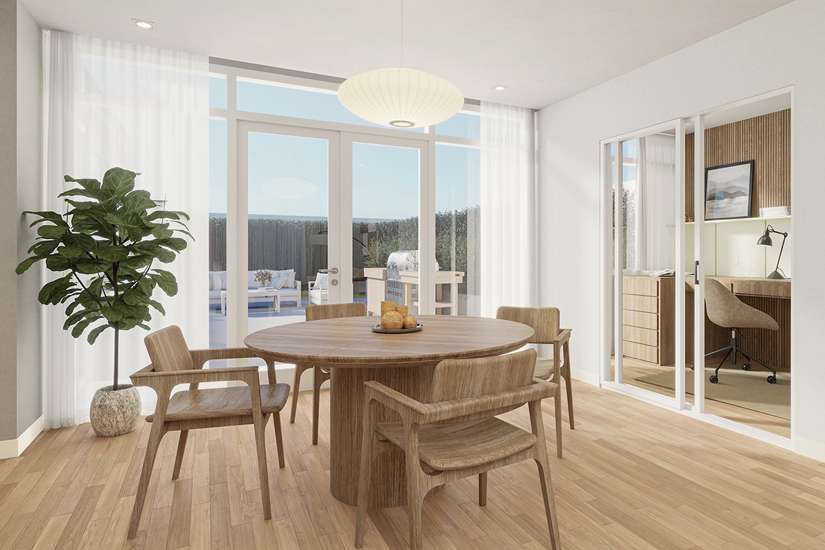 Artist impression interieur met ronde houten eettafel en grote raampartij