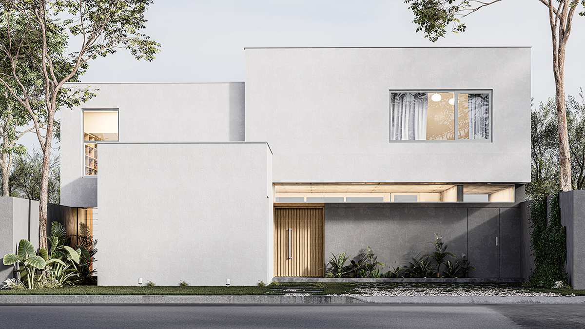 Artist impression woning met wit kubistisch gevel en houten voordeur