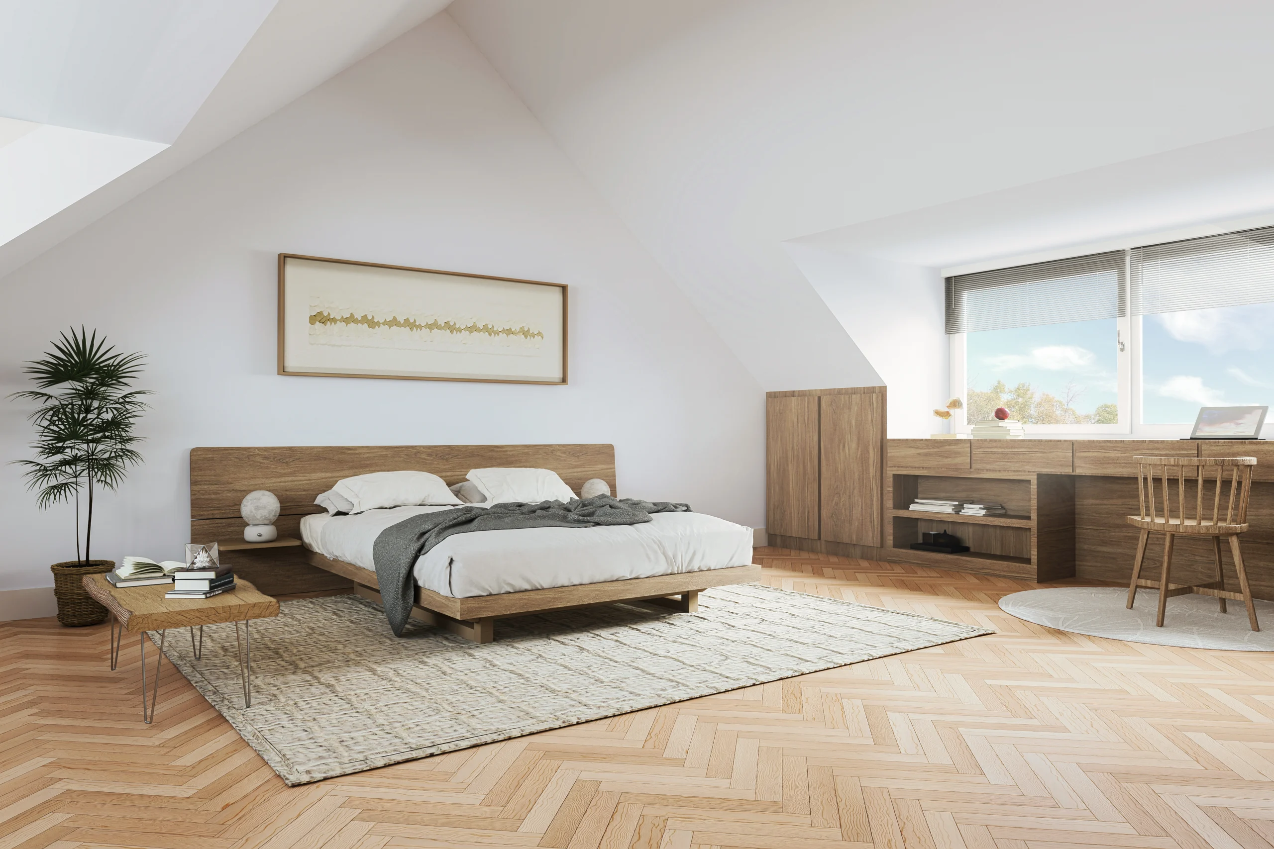 3D render van een moderne zolderslaapkamer met houten vloer en bed
