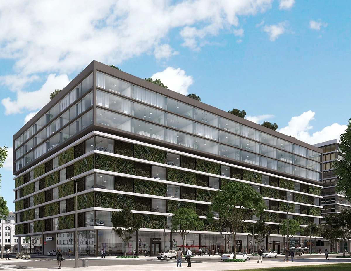 Architectuur visualisatie van een modern kantoorgebouw met verticale groene gevelbeplanting en glazen gevels in een stedelijke omgeving