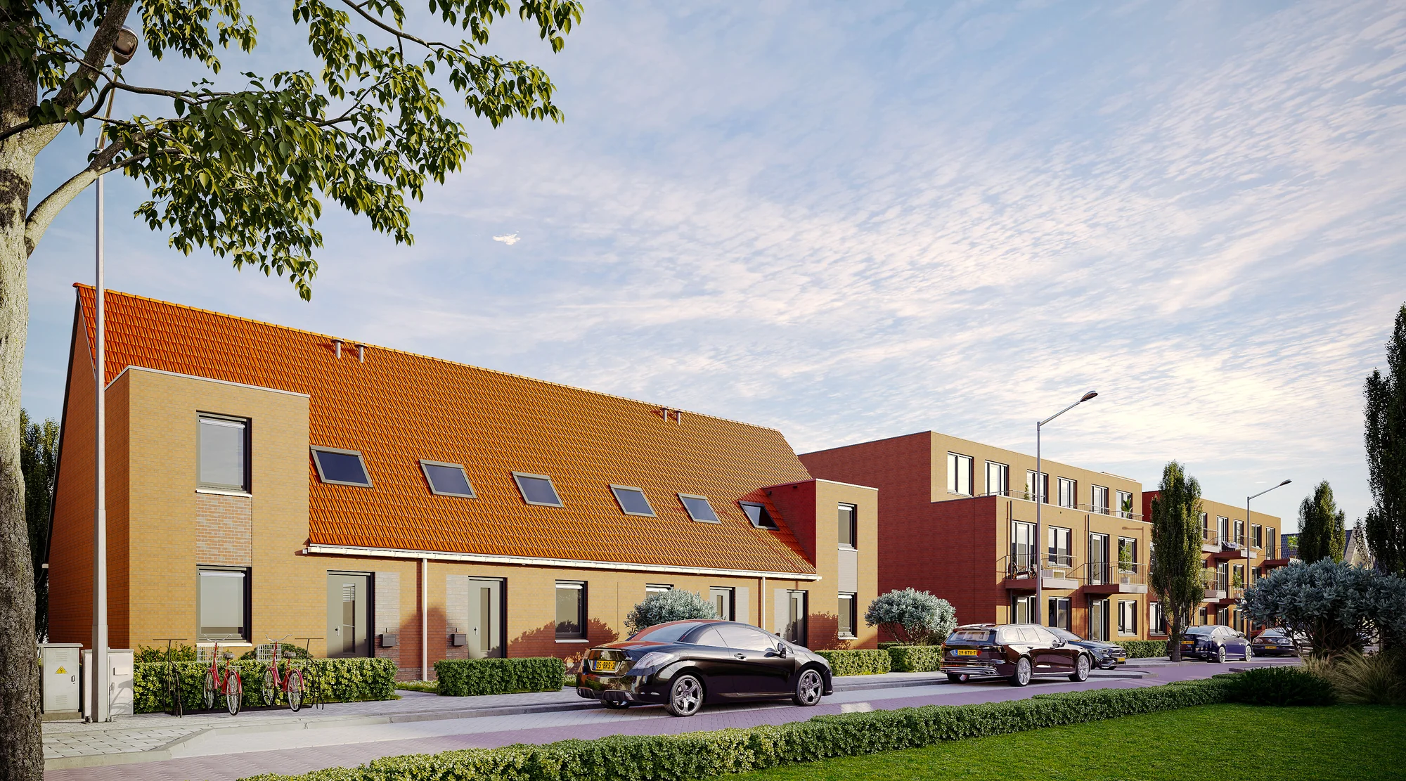 Architectuur visualisaties van rijtjeswoningen en appartementencomplex met oranje pannendak en gele bakstenen gevel