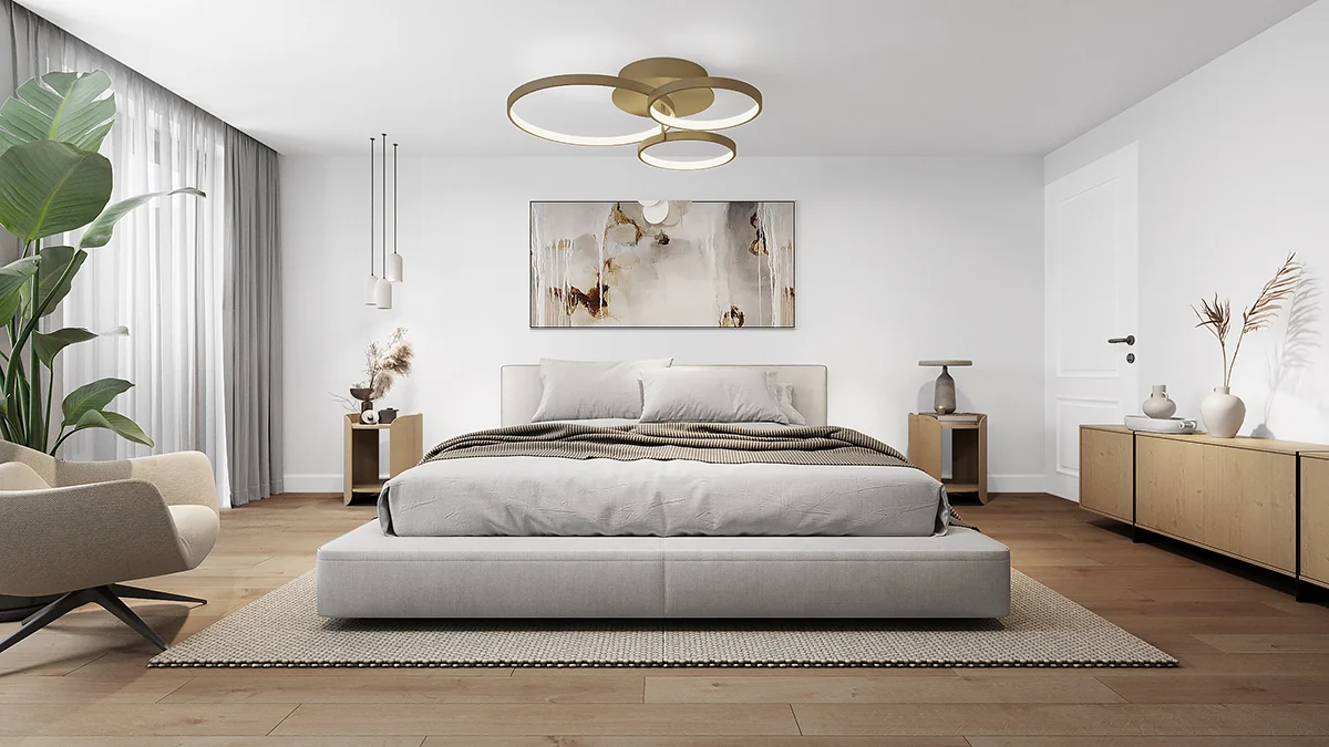 3D rendering van een moderne slaapkamer met gouden plafondlamp en beige bed