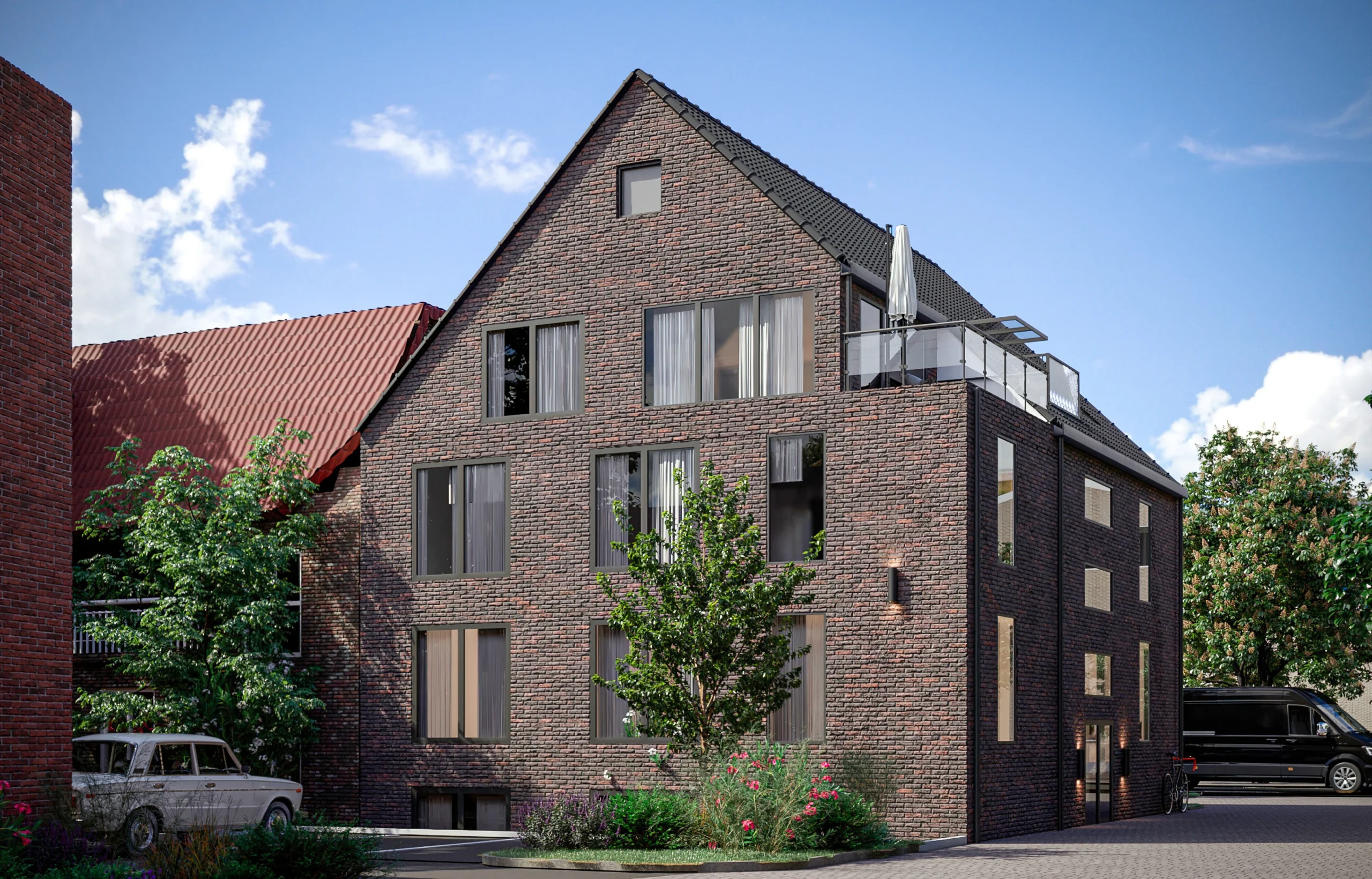 3D gebouw tekening van bakstenen herenhuis met puntdak en dakterras naast rode pannendaken
