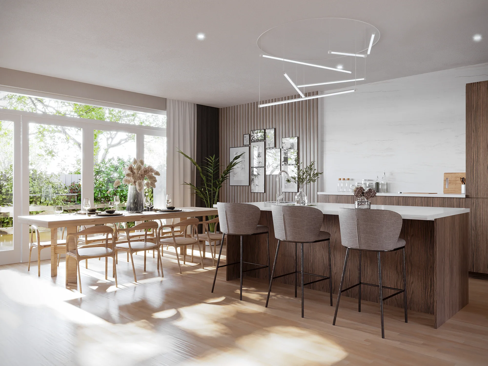 3D huis inrichten met houten eetkamertafel en kookeiland in warme houtkleuren en licht interieur