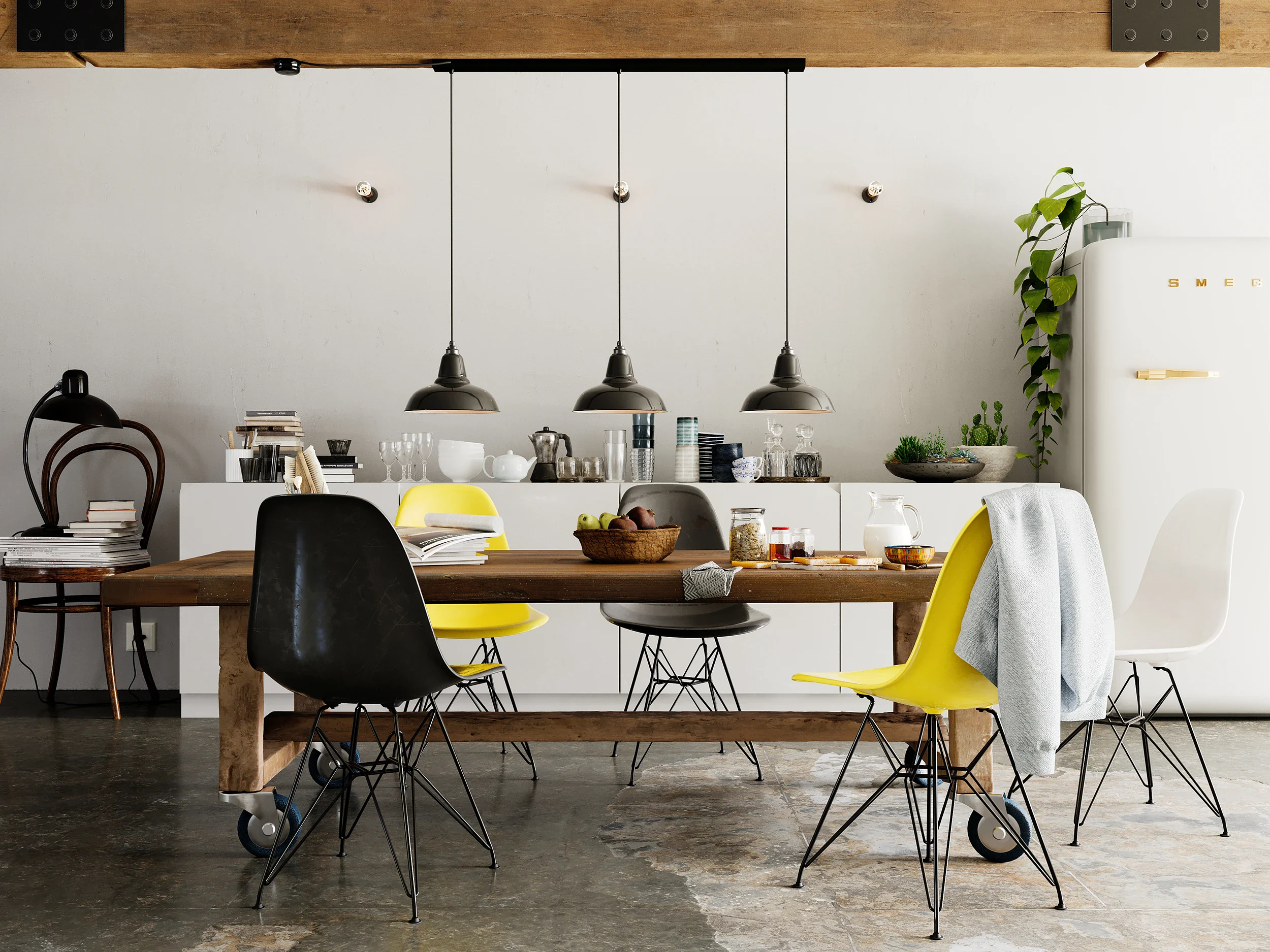 3D visualisatie van eetkamer met gele Eames stoelen, houten tafel en hanglampen