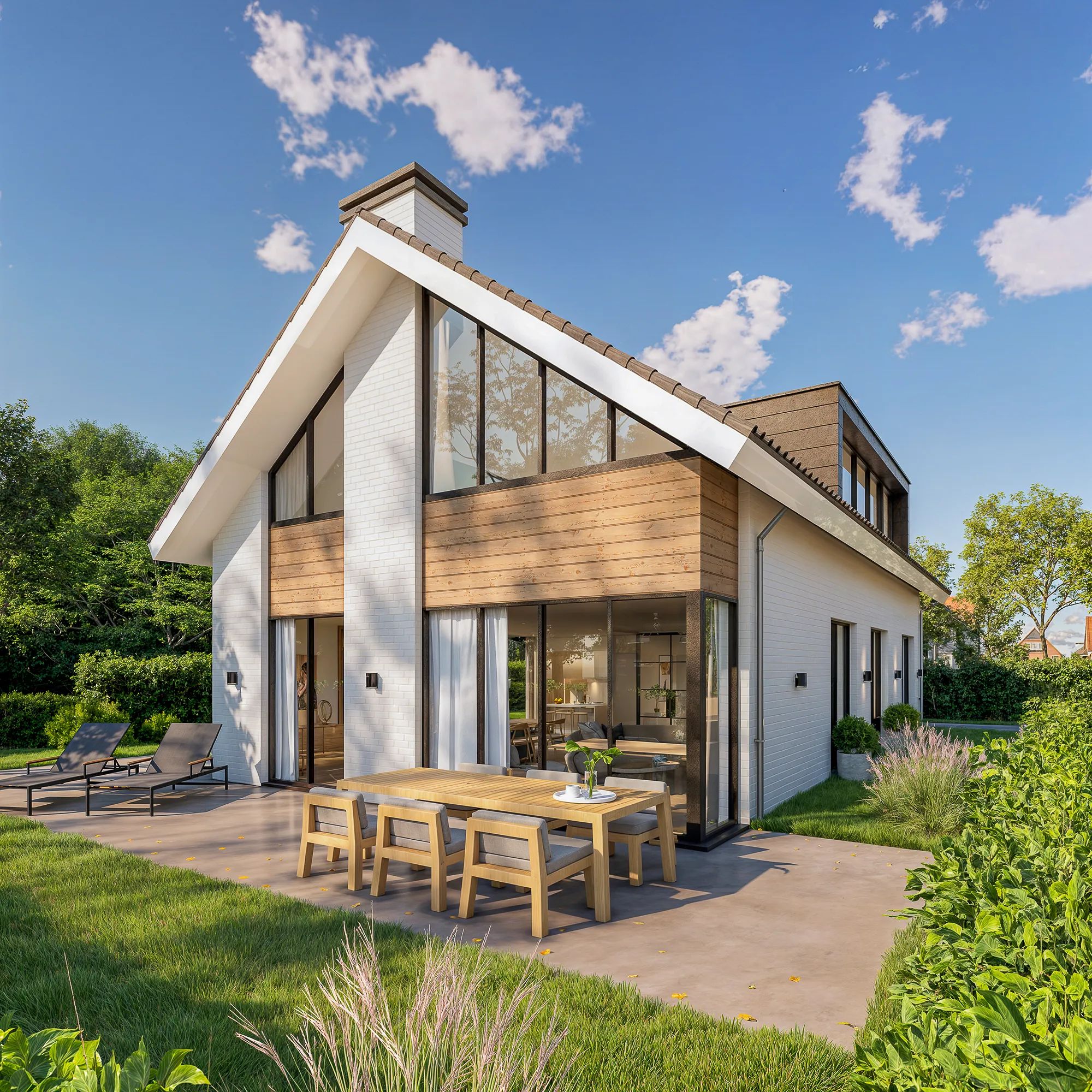 Architectuur visualisatie van een moderne villa met houten gevel en groot terras in Breezand
