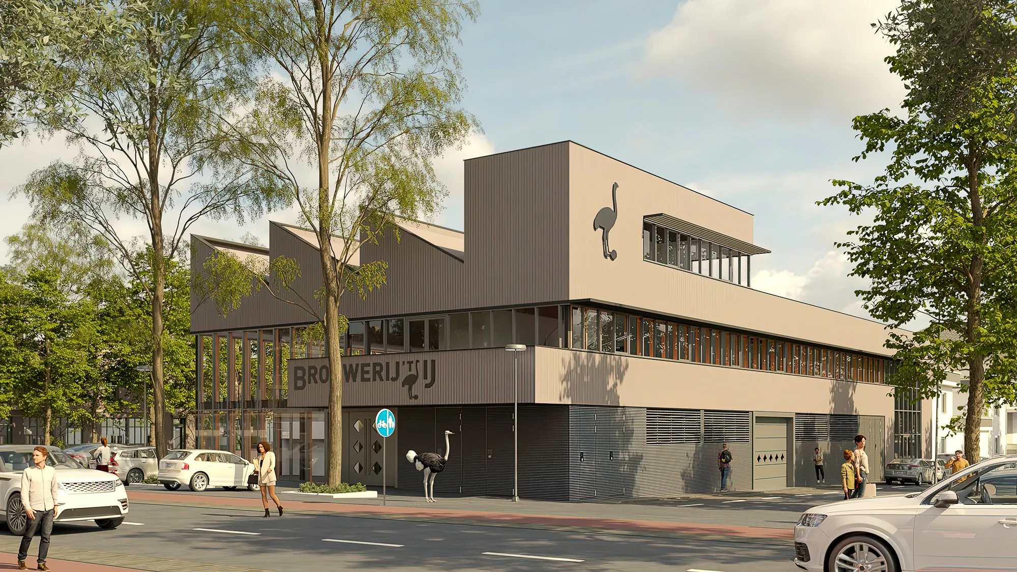 Architectuur visualisatie van Brouwerij t IJ met houten gevel en struisvogel logo op straatniveau