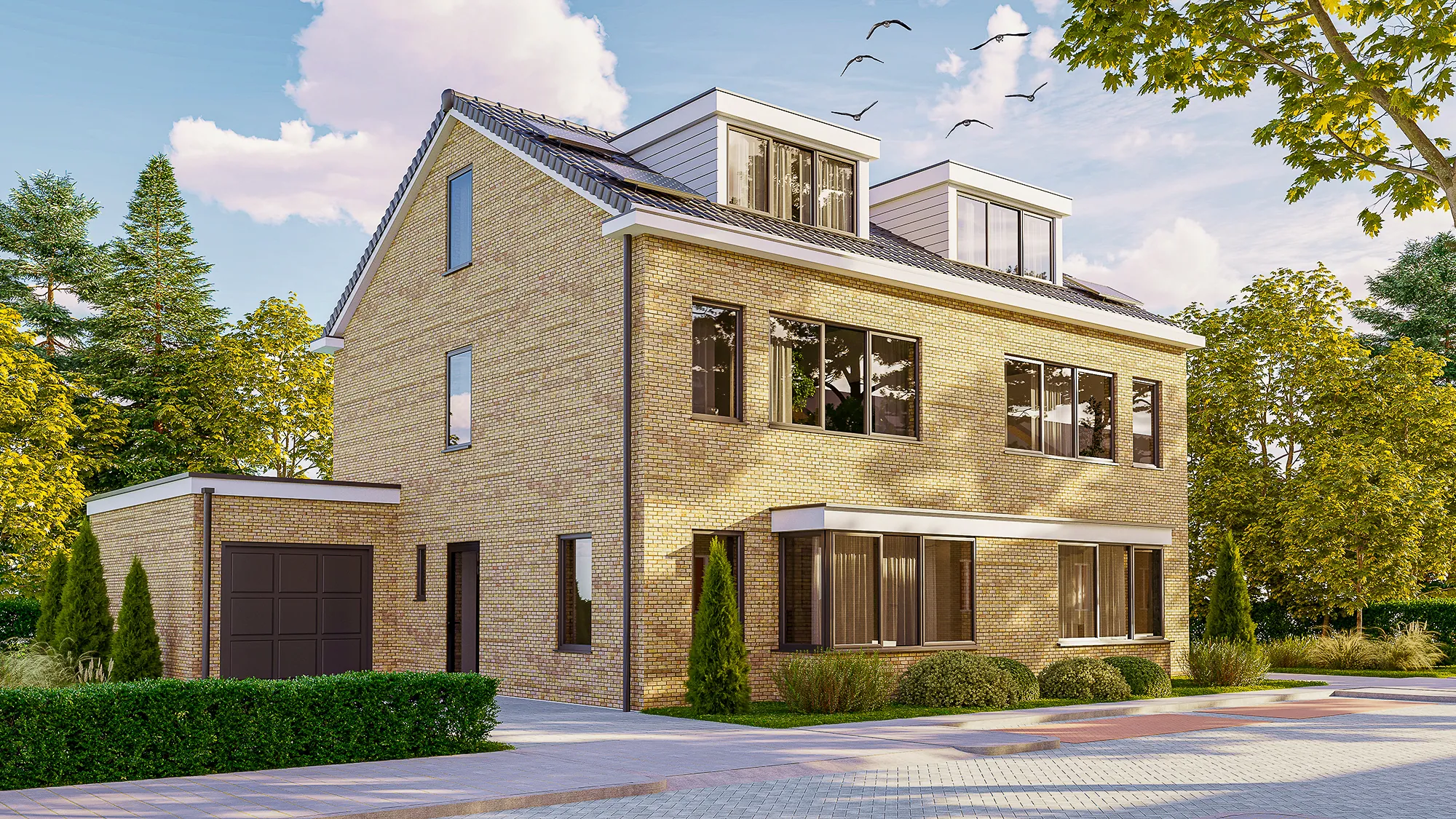 Architectuur visualisatie van bakstenen woning met twee dakkapellen en zonnepanelen op het dak