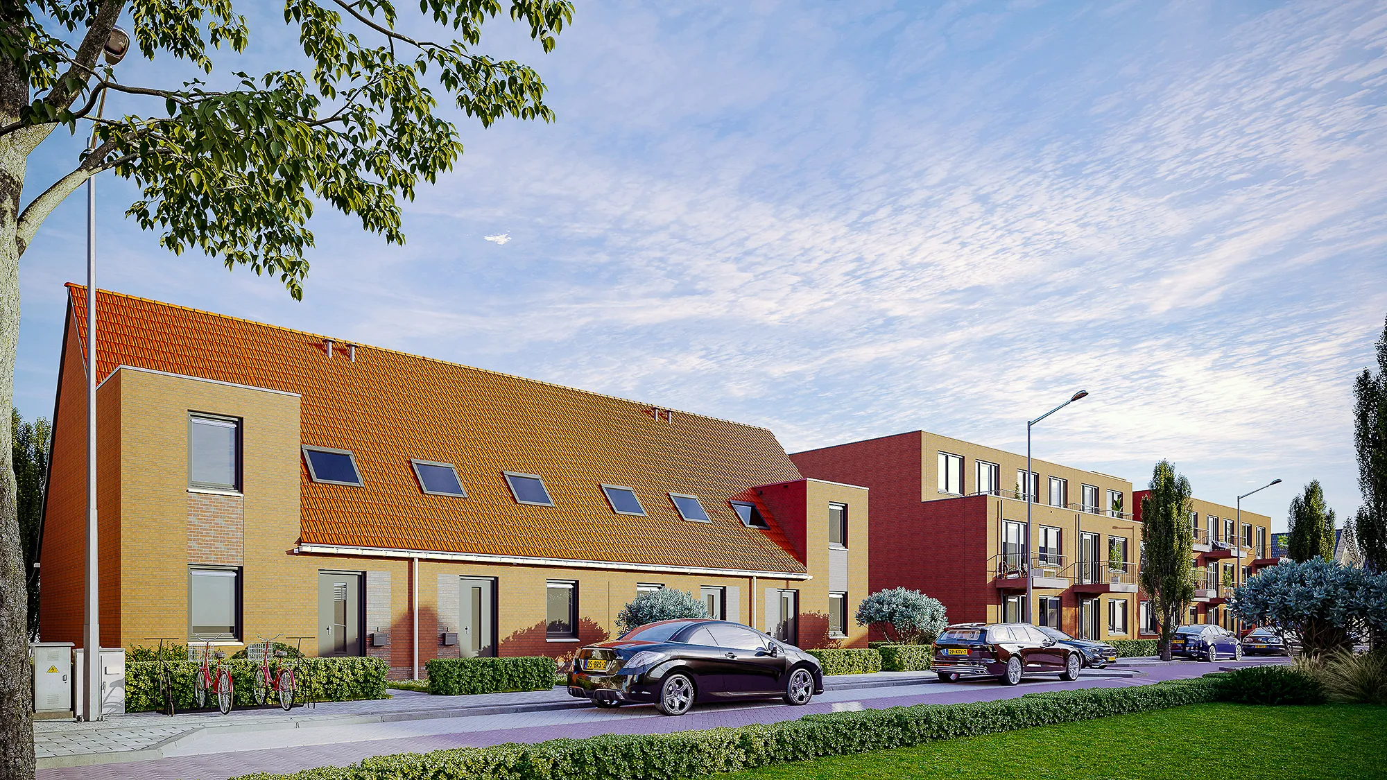 Architectuur visualisatie van rijwoningen met rood dak en bakstenen gevel in woonwijk Salland Wonen
