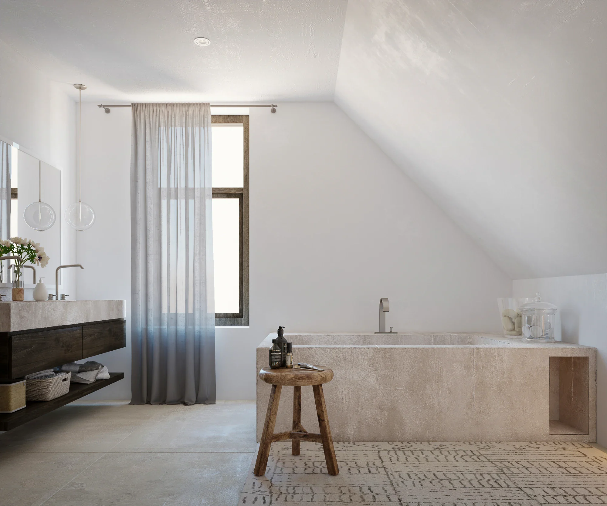 Artist impression badkamer renovatie met vrijstaand stenen bad, houten kruk en dubbele wastafel