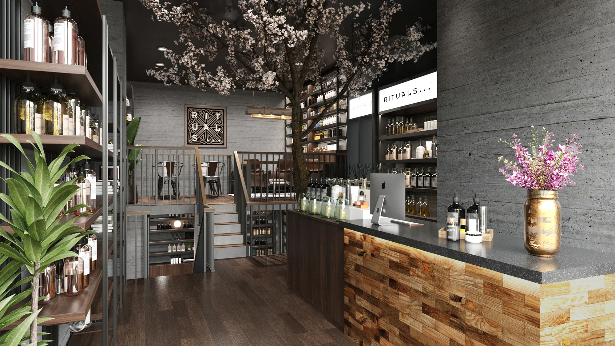Artist impression interieur Rituals Amsterdam met kersenbloesemboom, houten toonbank en betonnen wanden