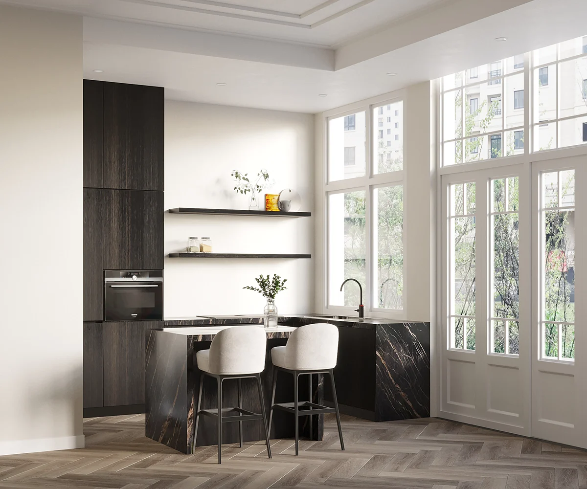 Artist impression van een moderne keuken met zwart marmeren eiland en houten vloer