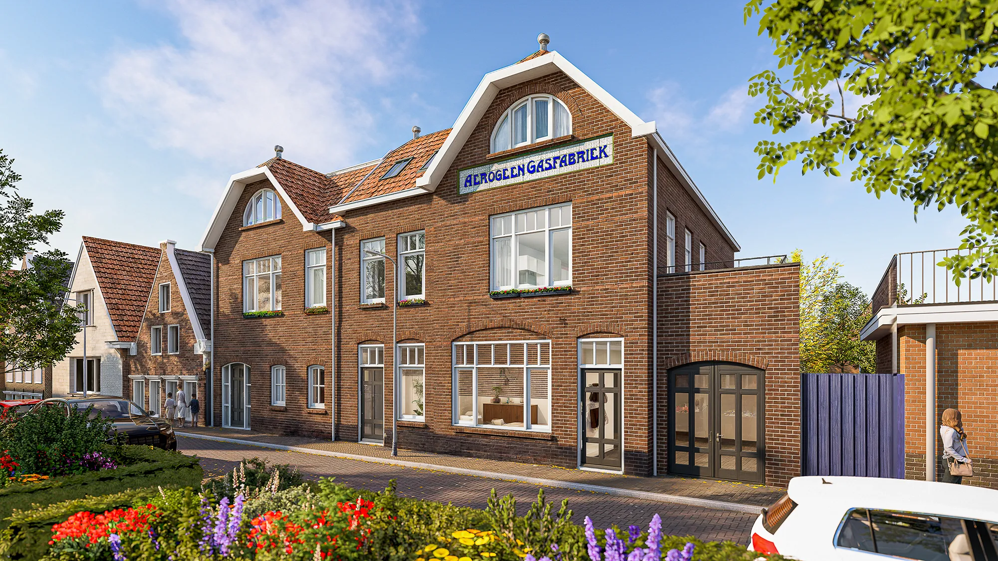 Exterieur rendering van voormalige gasfabriek in Den Burg met karakteristieke bakstenen gevel