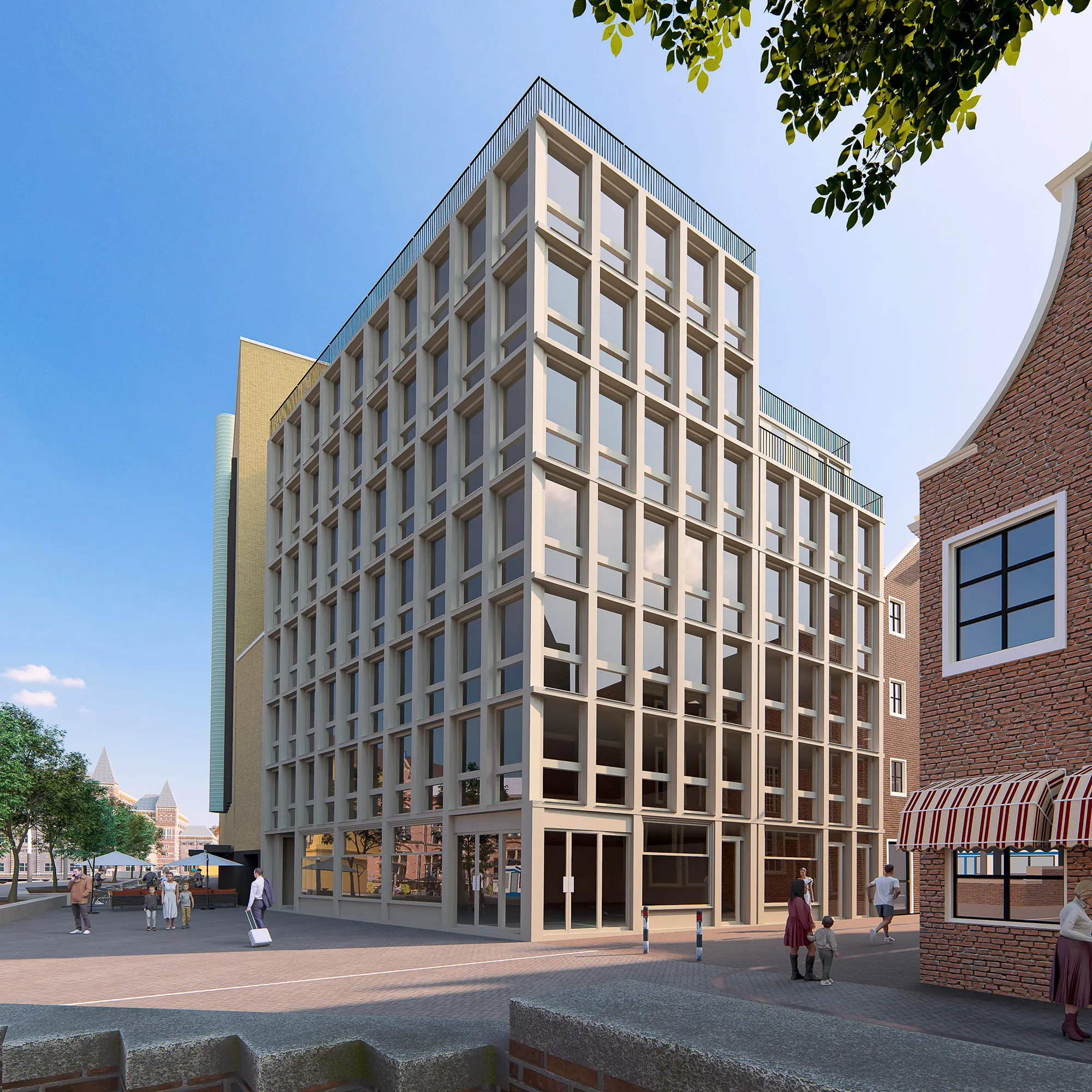 Exterieur rendering van modern glazen gebouw aan Klein Garstmanplantsoen Amsterdam tussen historische panden