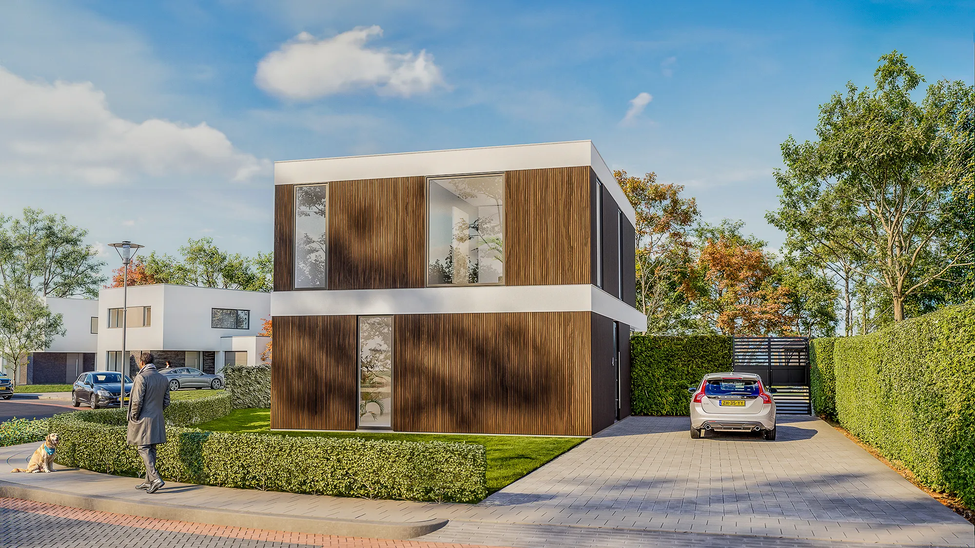Exterieur visualisatie van moderne villa met Kebony houten gevel en oprit met auto