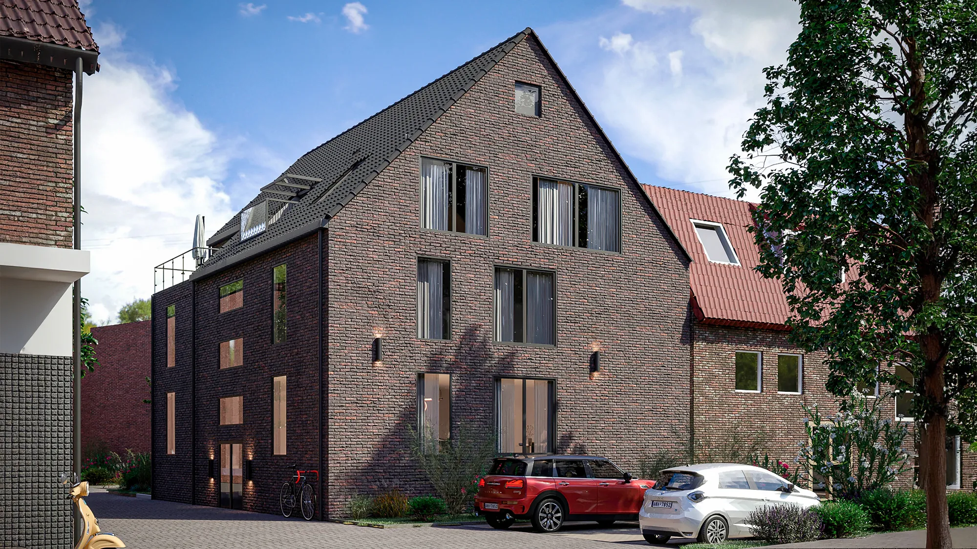 Exterieur visualisatie van een bakstenen nieuwbouwwoning met puntdak tussen bestaande huizen in Dusseldorf