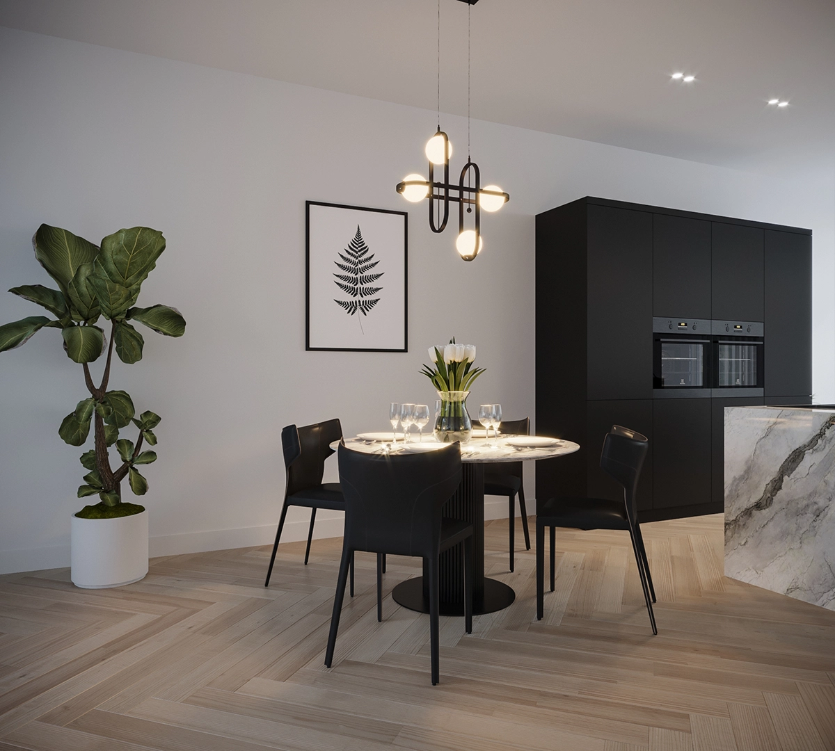 Interieur impressie van eetkamer met zwarte stoelen, marmeren tafel en donkere keuken op de achtergrond