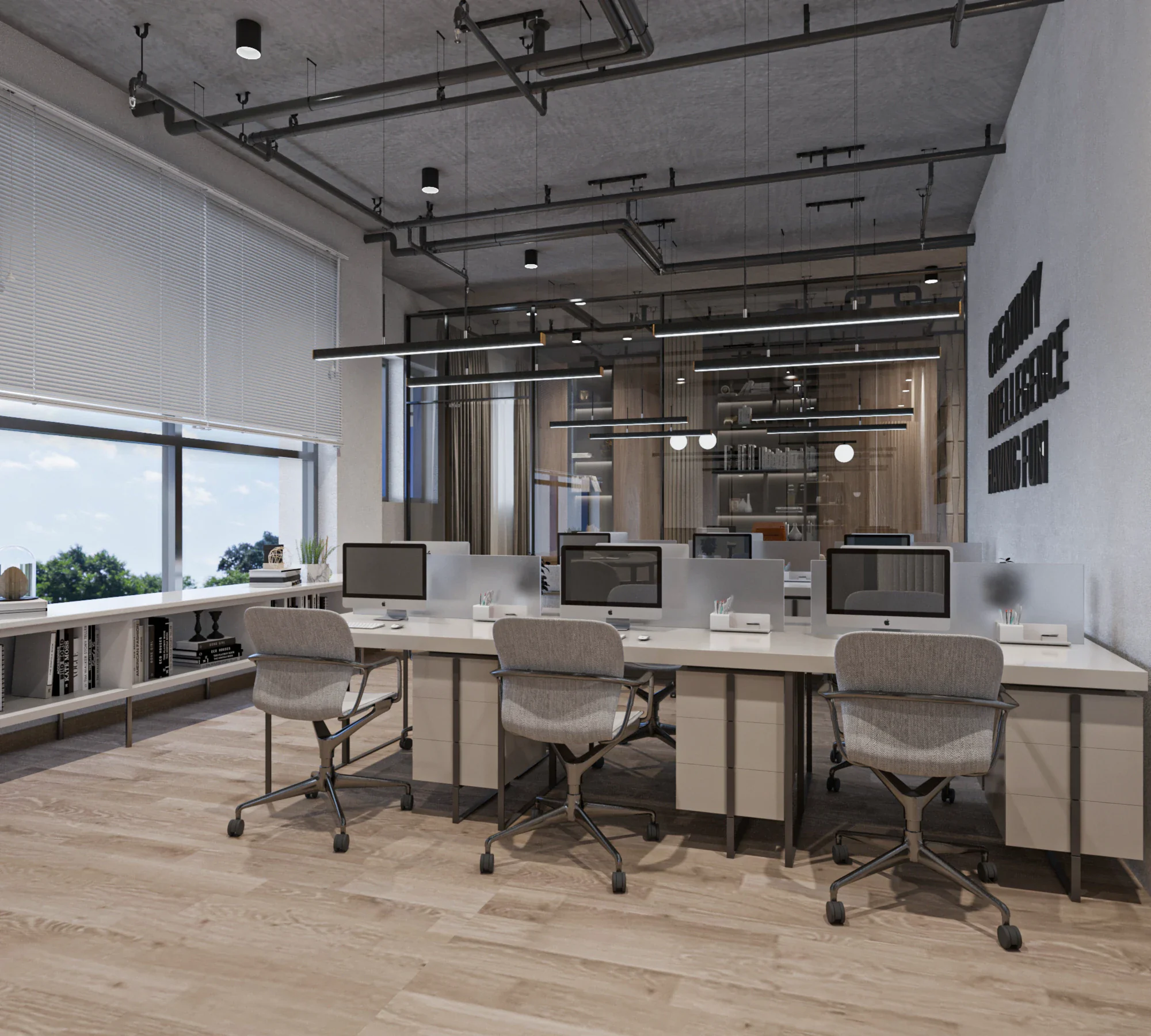 Interieur rendering kantoor met bureaus, computers en industriële plafondconstructie in open werkruimte