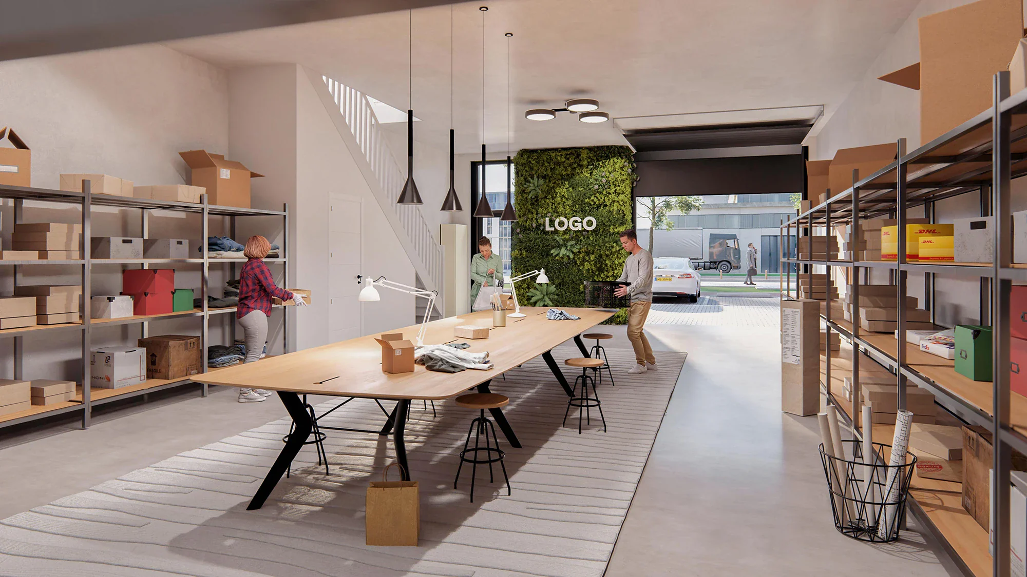 Interieur rendering loods Tilburg met opslagrekken, houten werktafel en groene plantenwand