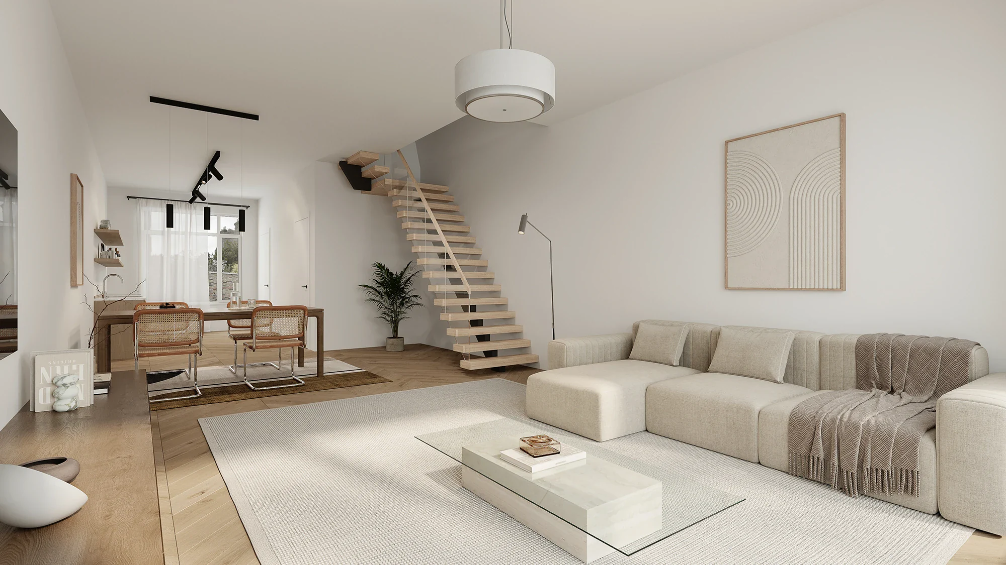 Interieur rendering Rotterdam van lichte woonkamer met zwevende trap en beige loungebank