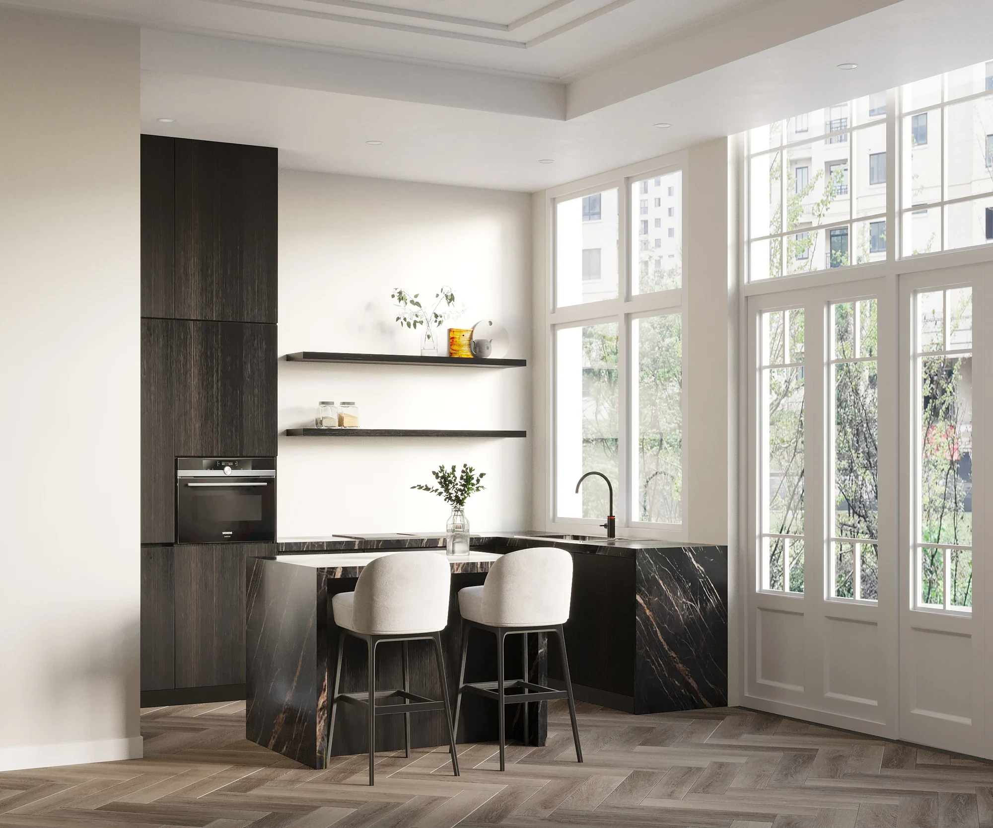 Interieur visualisatie keuken Amsterdam met zwart marmeren eiland en houten kastenwand