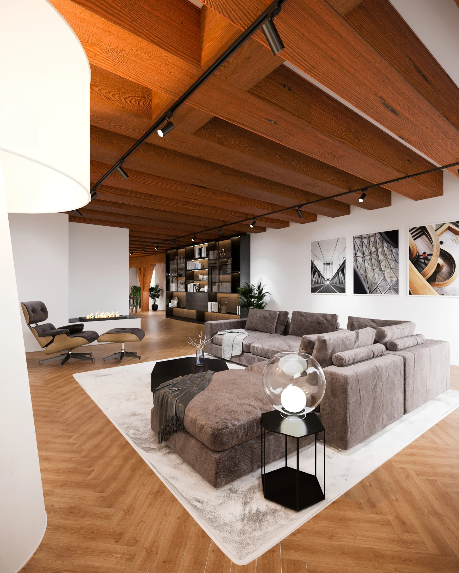 Interieur visualisatie penthouse Rotterdam met houten balkenplafond, grijze loungebank en open haard