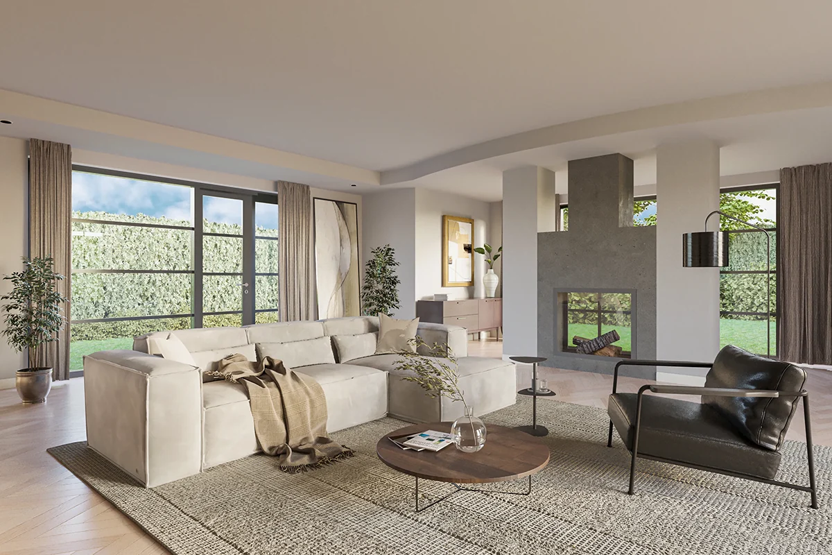 3D visualisatie van woonkamer met beige hoekbank, dubbele haard en tuinuitzicht