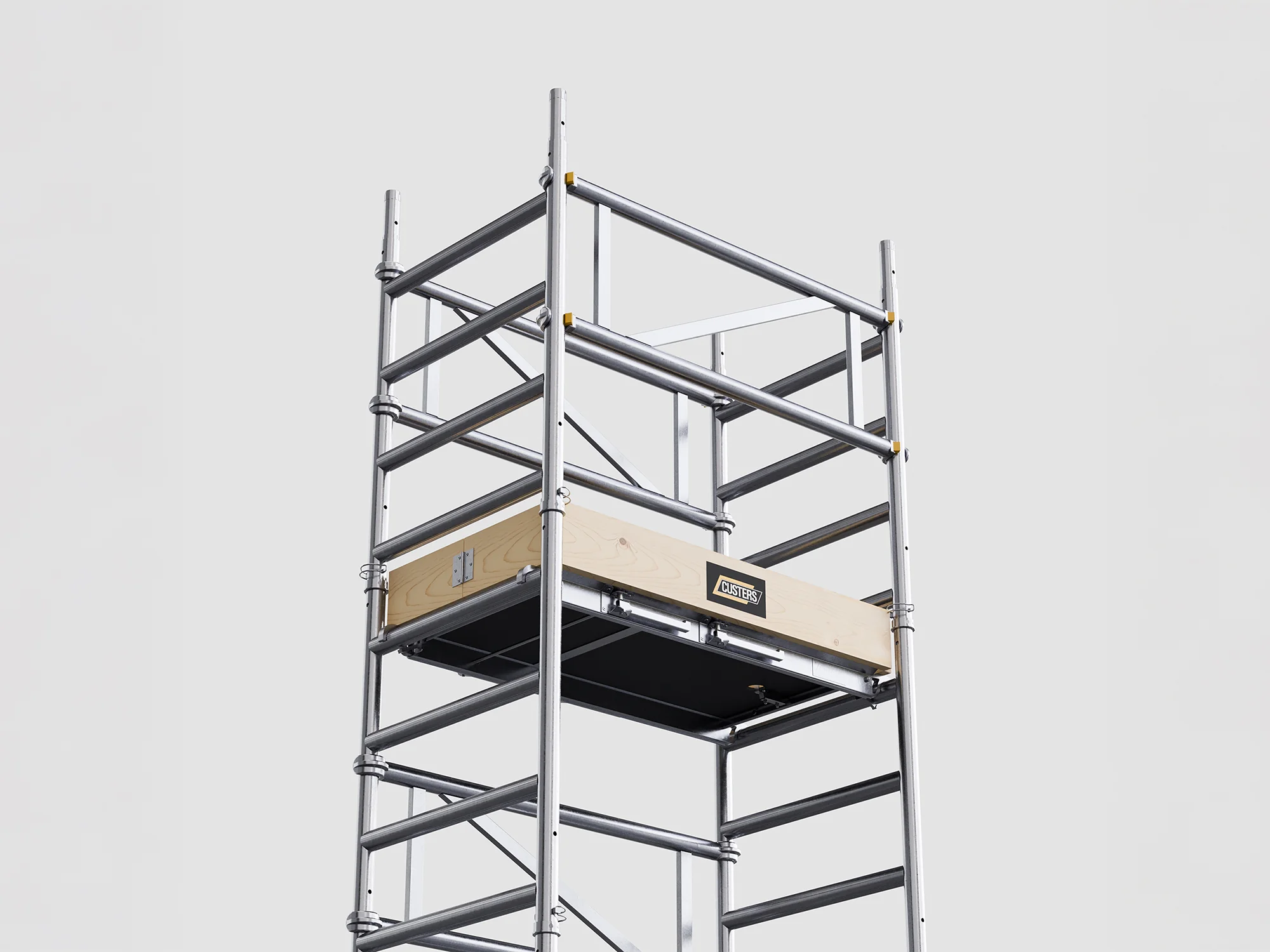 3D render van een aluminium Custers steiger met houten platform en veiligheidsleuningen
