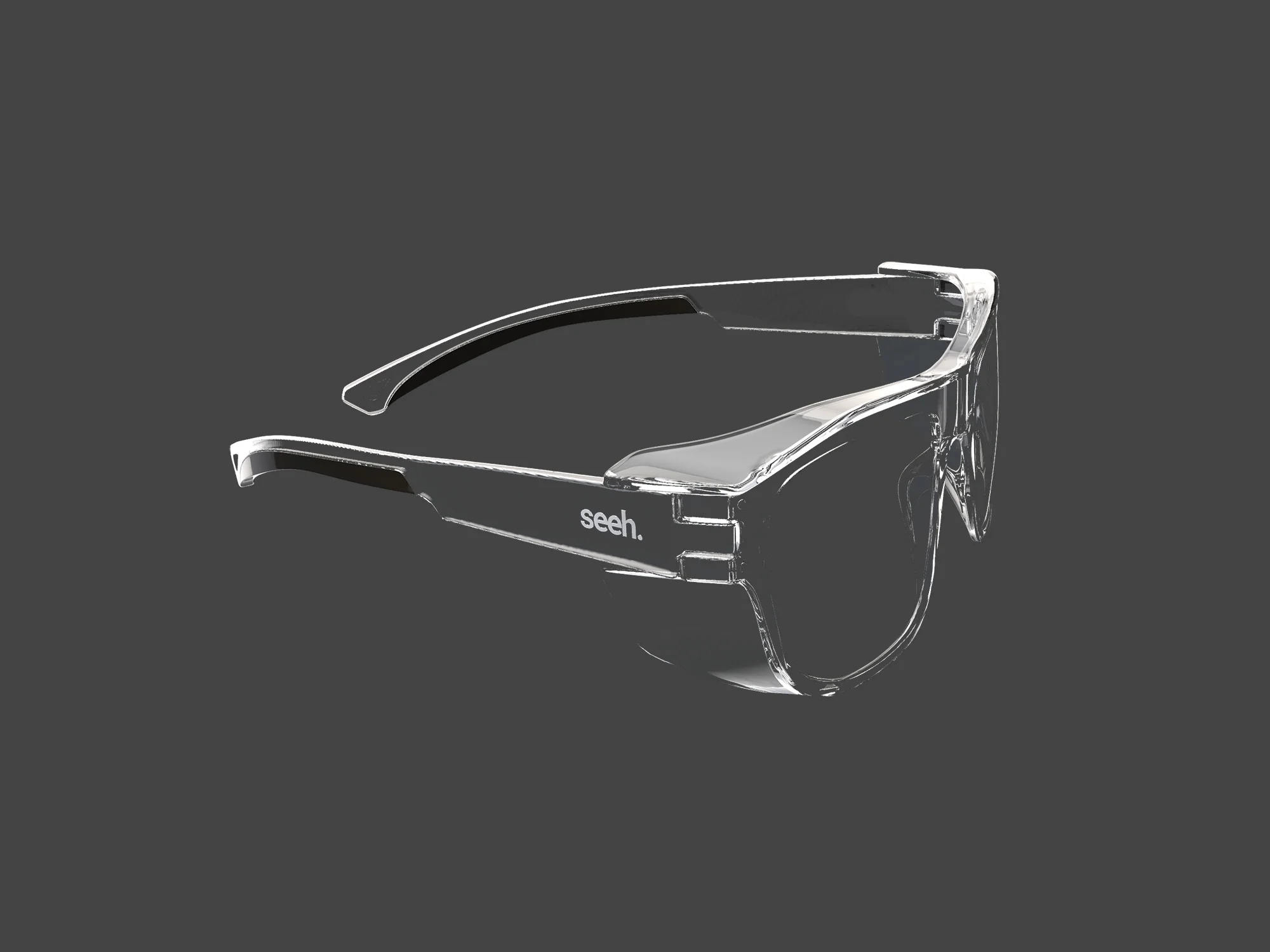 Transparante veiligheidsbril van Seeh met helder frame, weergegeven in fotorealistische 3D render