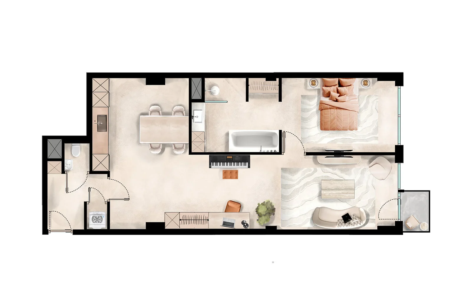 Sfeerplattegrond appartement met slaapkamer, woonkamer, eetkamer en badkamer in warme kleuren
