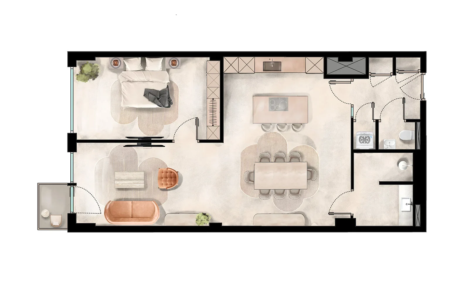 Sfeerplattegrond appartement met slaapkamer, woonkamer, keuken en badkamer in warme kleuren