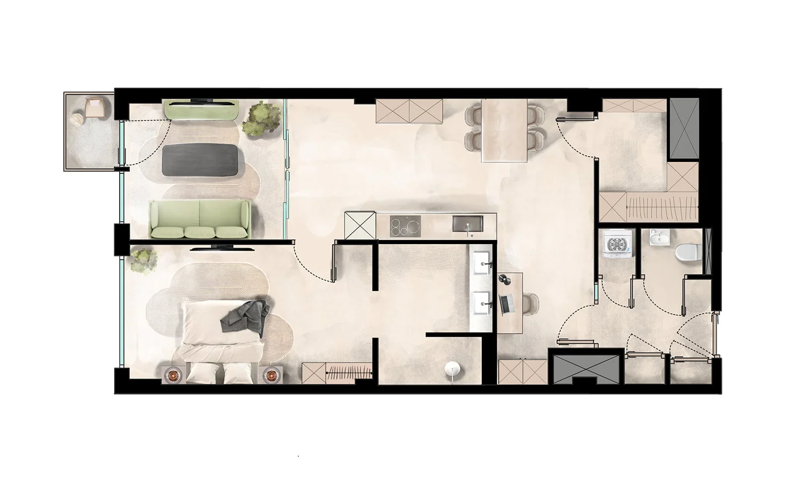Sfeerplattegrond van appartement met woonkamer, slaapkamer, keuken, badkamer en berging