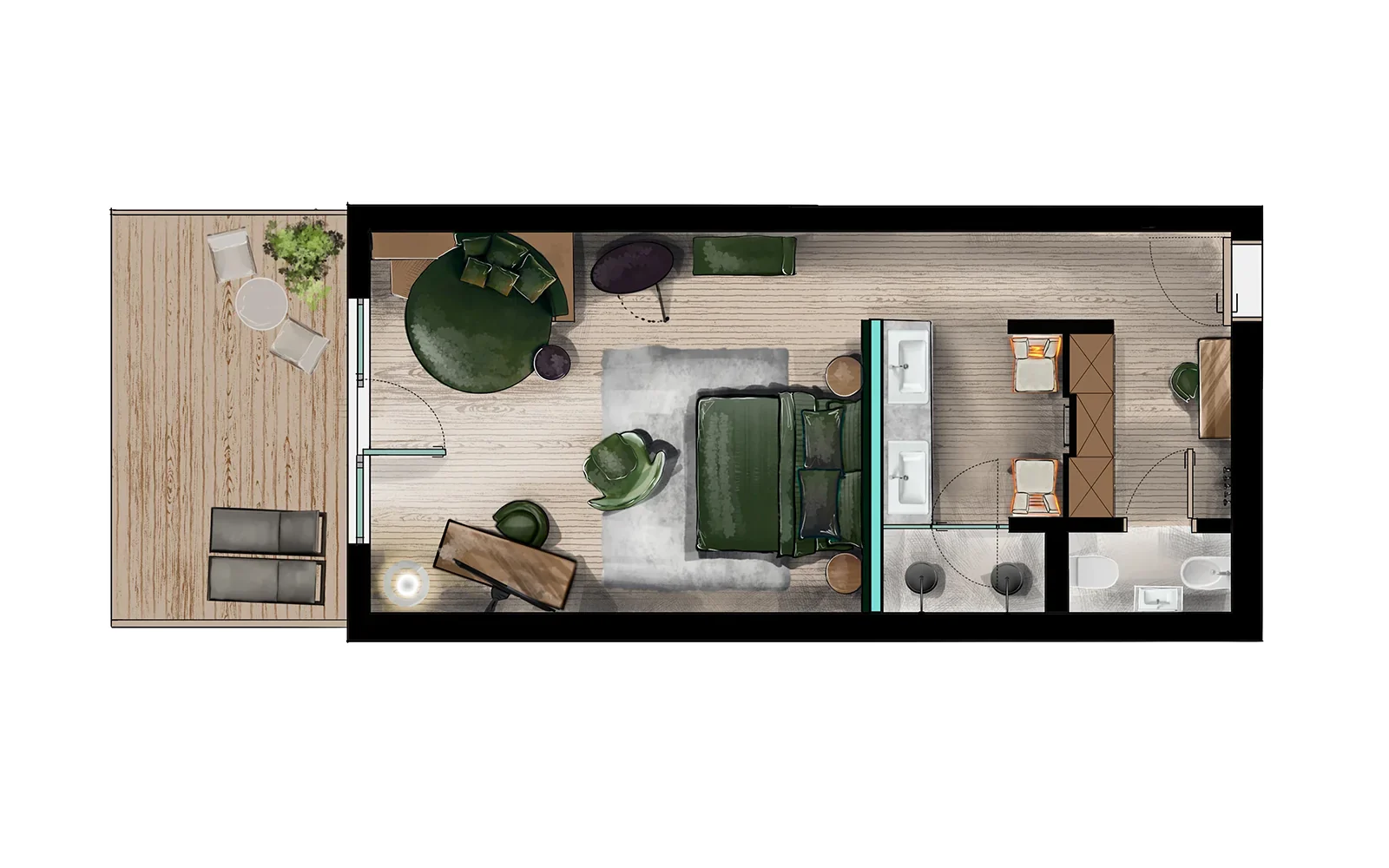 Sfeerplattegrond appartement De Staete Knokke met slaapkamer, badkamer en terras met loungeset