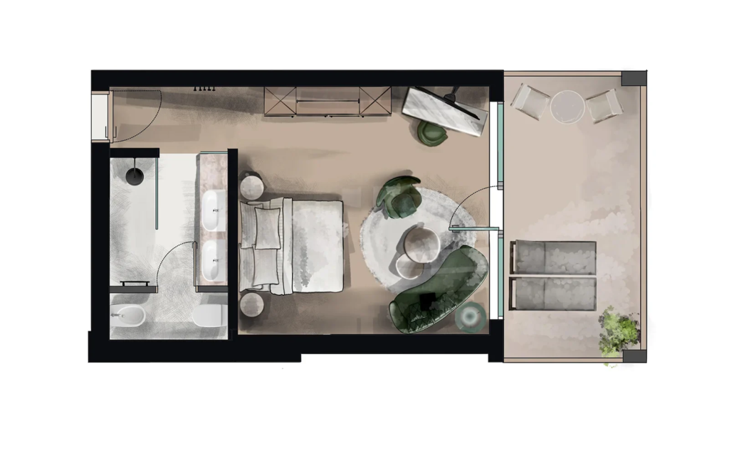 Sfeerplattegrond suite met bad, De Staete Knokke