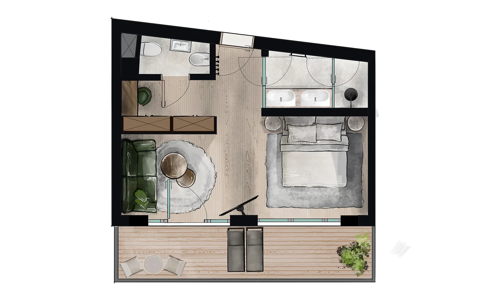Sfeerplattegrond met slaapkamer, badkamer en loungehoek in appartement De Staete Knokke
