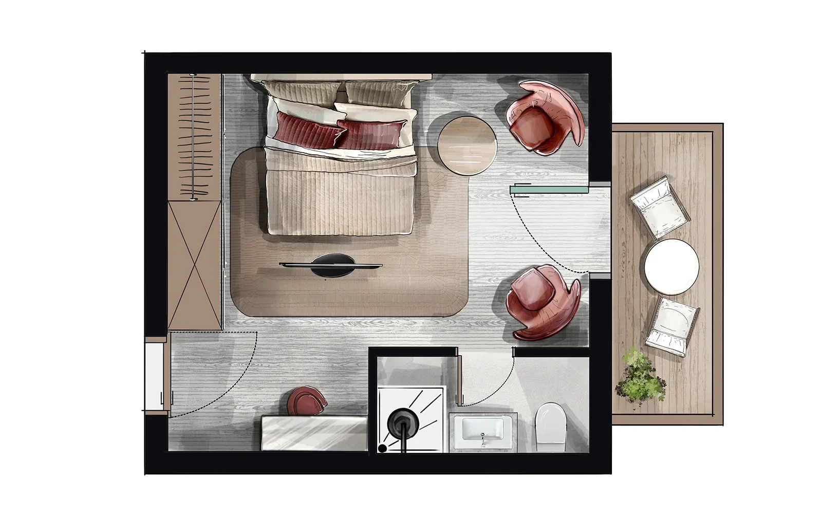 Sfeerplattegrond van hotelkamer met bed, fauteuils en aangrenzend terras met loungeset