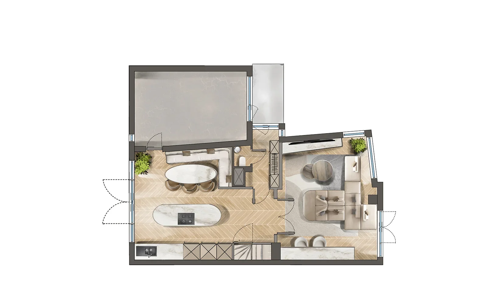 Sfeerplattegrond van hotelresidentie met open keuken, eetkamer en woonkamer in warme tinten