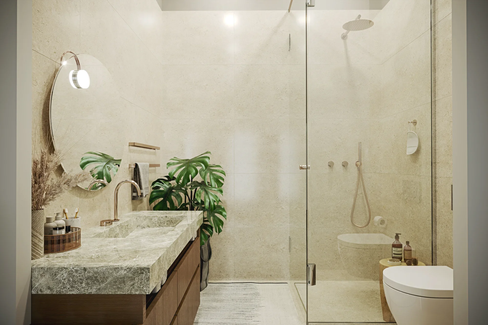 Virtual renovation badkamer Rotterdam met natuurstenen wastafel, inloopdouche en groene monstera